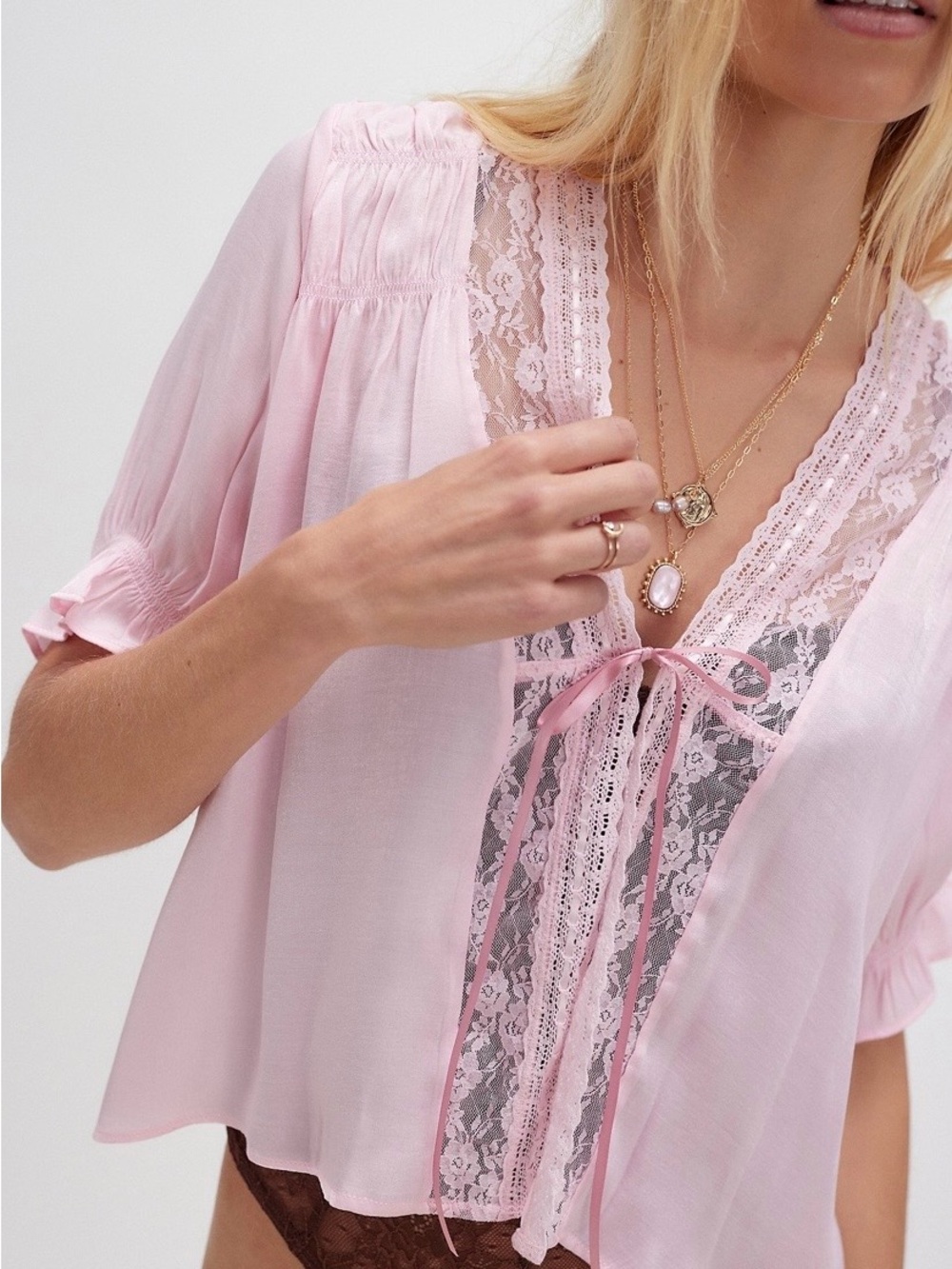 Free People Morning Breeze Bed Jacket Lace-Trim Pink Women's Top NEW!